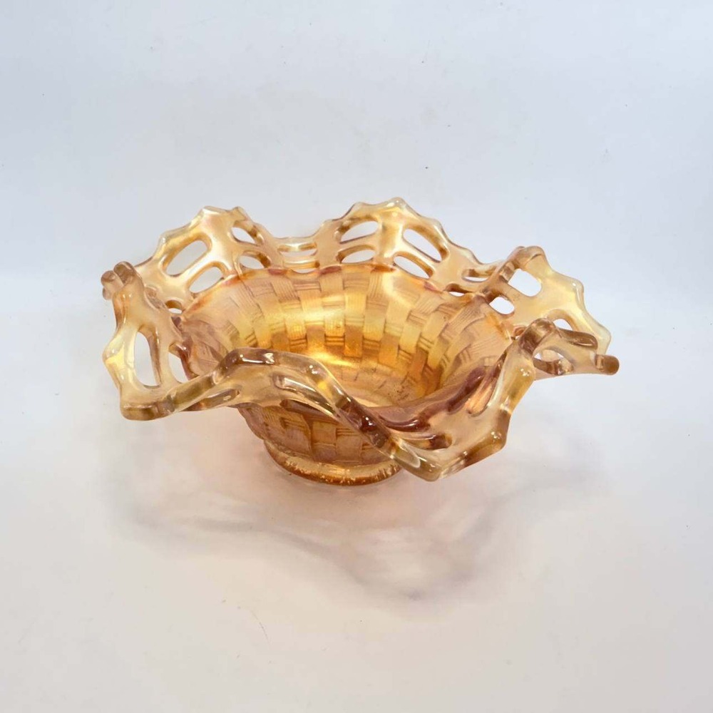 Fenton Marigold Carnival Glass 2-Row Open Edge Basketweave Bowl 6 inch